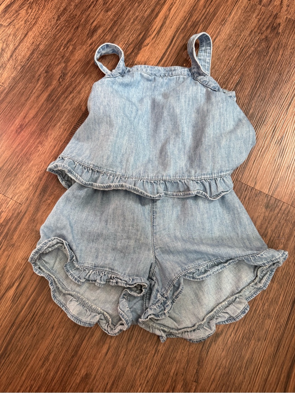 GAP Light Denim Ruffle Romper in Light Blue